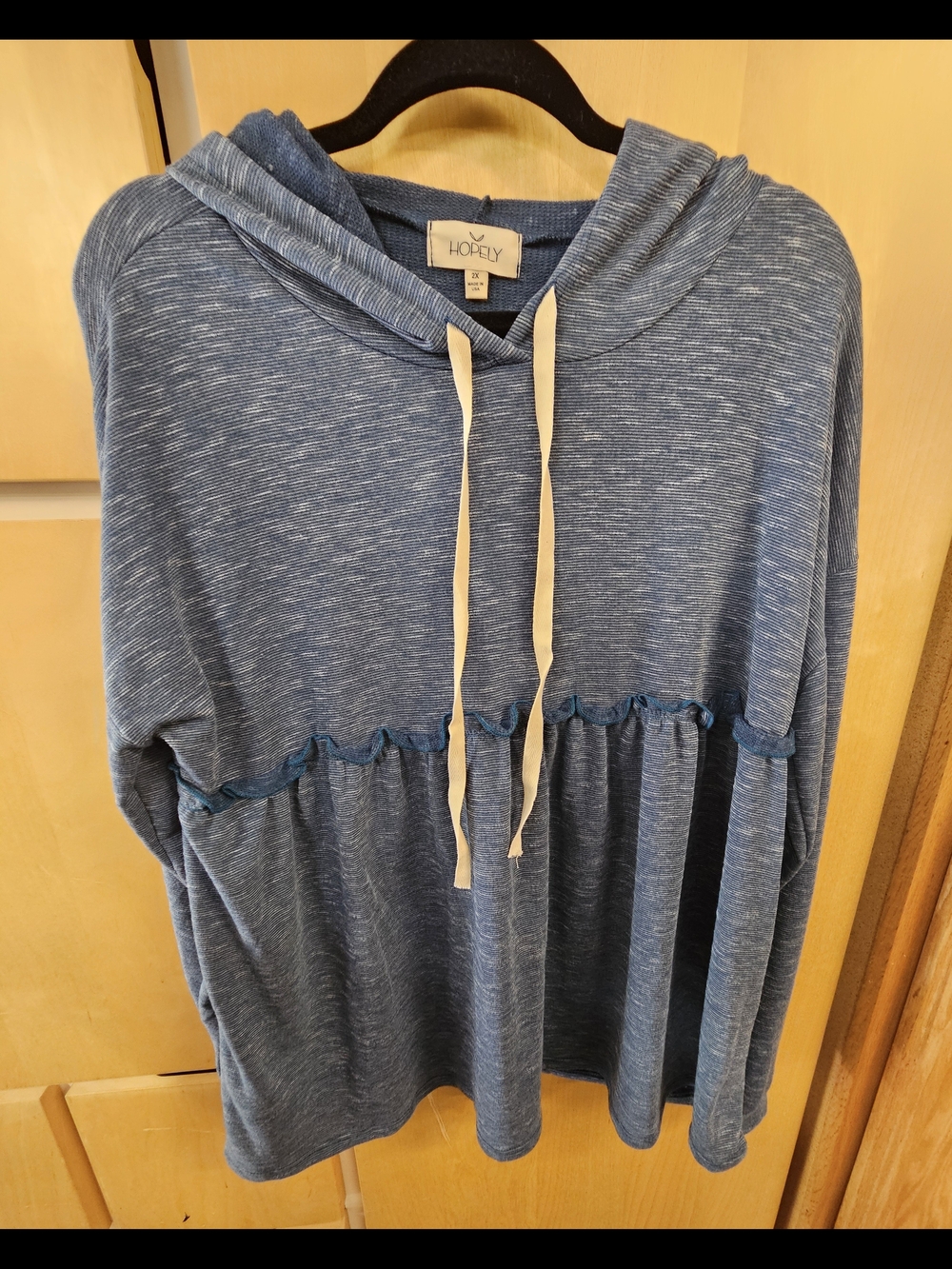 Hopely Teal Hooded Ruffle-Trim Pullover Top